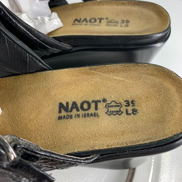 Womens Wedge Heels Naot Shoes Mule Boho Clogs Black Sz 8 Leather Slip On Buckle - Picture 4 of 13